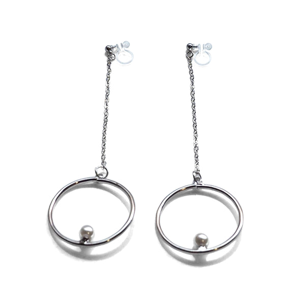 Dangle pearl on hoop invisible clip on earrings (silver tone) - Miyabi Grace