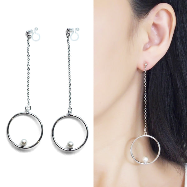Dangle pearl on hoop invisible clip on earrings (silver tone) - Miyabi Grace