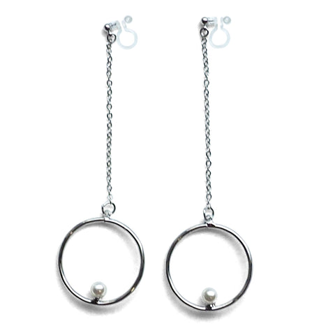 Dangle pearl on hoop invisible clip on earrings (silver tone) - Miyabi Grace