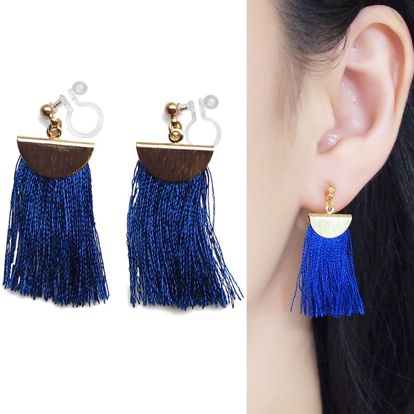 Royal blue flat tassel invisible clip on earrings - Miyabi Grace