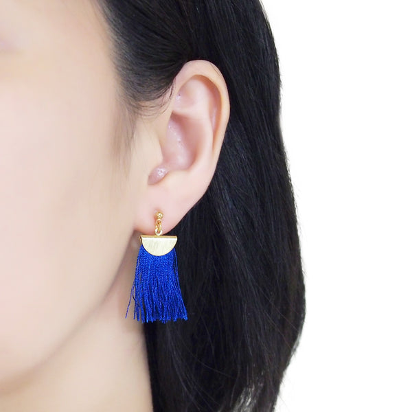 Royal blue flat tassel invisible clip on earrings - Miyabi Grace
