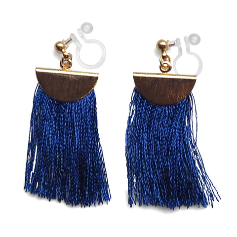 Royal blue flat tassel invisible clip on earrings - Miyabi Grace
