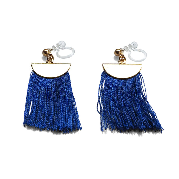 Royal blue flat tassel invisible clip on earrings - Miyabi Grace