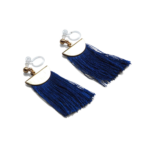 Royal blue flat tassel invisible clip on earrings - Miyabi Grace