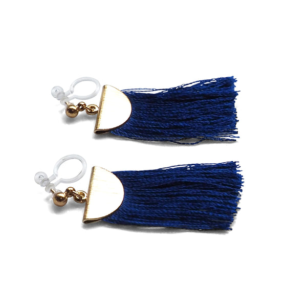 Royal blue flat tassel invisible clip on earrings - Miyabi Grace