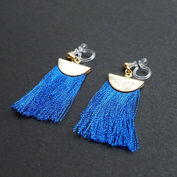 Royal blue flat tassel invisible clip on earrings - Miyabi Grace