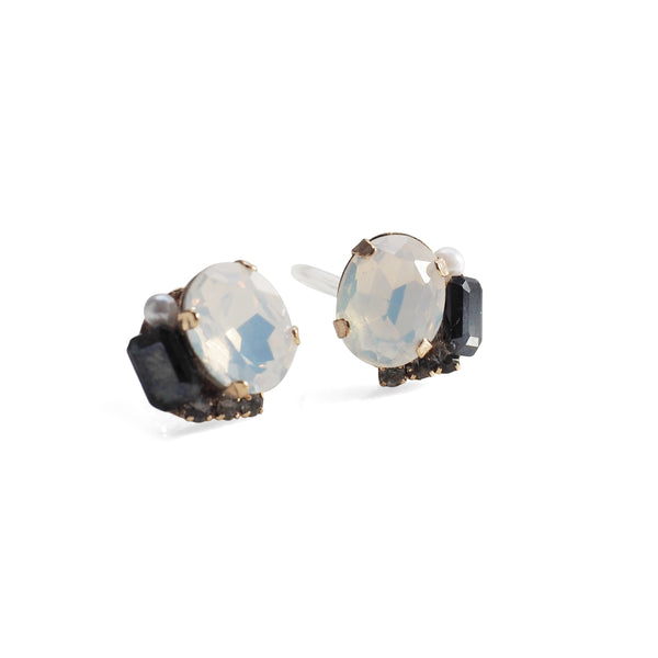 White and Black Rhinestone Invisible Clip On Stud Earrings ( Black ) - Miyabi Grace