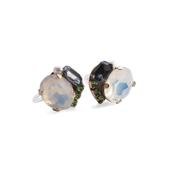 White and Black Rhinestone Invisible Clip On Stud Earrings ( Green ) - Miyabi Grace