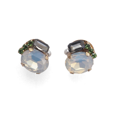 White and Black Rhinestone Invisible Clip On Stud Earrings ( Green ) - Miyabi Grace