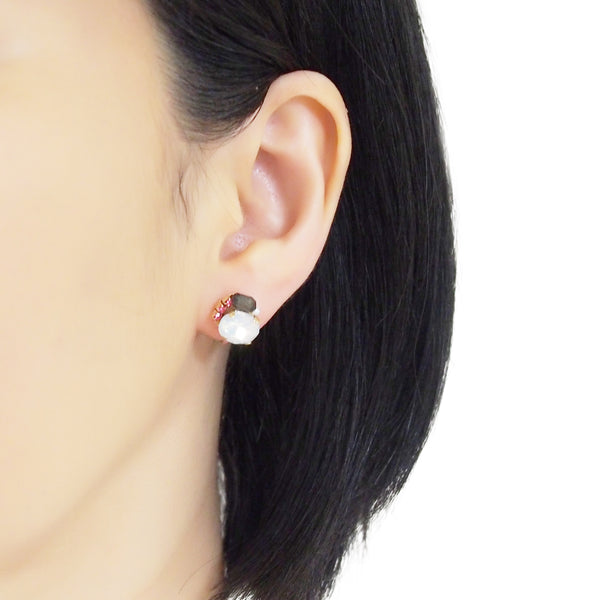 White and Black Rhinestone Invisible Clip On Stud Earrings ( Pink ) - Miyabi Grace