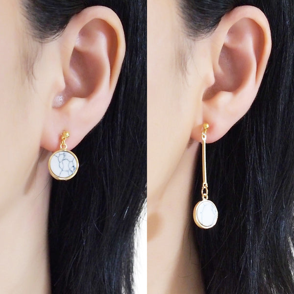 Asymmetric Round Marble Faux White Stone Invisible Clip On Earrings - Miyabi Grace