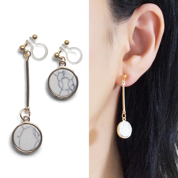 Asymmetric Round Marble Faux White Stone Invisible Clip On Earrings - Miyabi Grace