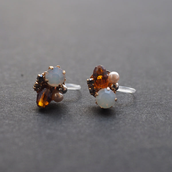 White and Brown Rhinestone Crystal Invisible Clip On Stud Earrings - Miyabi Grace