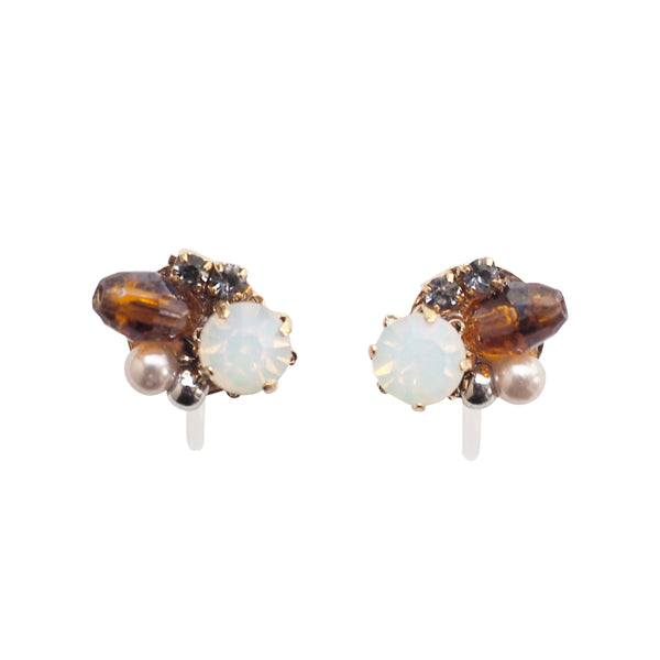 White and Brown Rhinestone Crystal Invisible Clip On Stud Earrings - Miyabi Grace