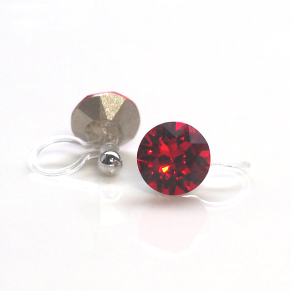 Light Siam Red Swarovski crystal invisible clip on stud earrings - Miyabi Grace