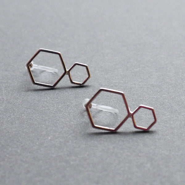 Double hexagon invisible clip on stud earrings ( Silver tone ) - Miyabi Grace