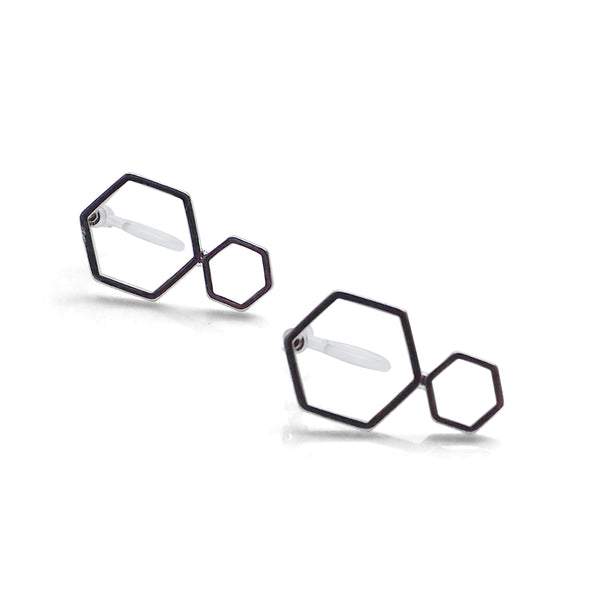 Double hexagon invisible clip on stud earrings ( Silver tone ) - Miyabi Grace