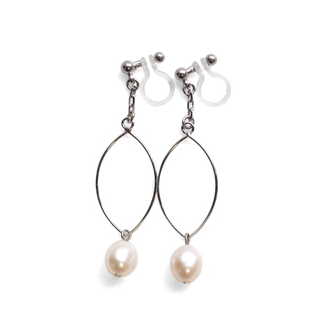 White freshwater pearl with hoop invisible clip on earrings - Miyabi Grace