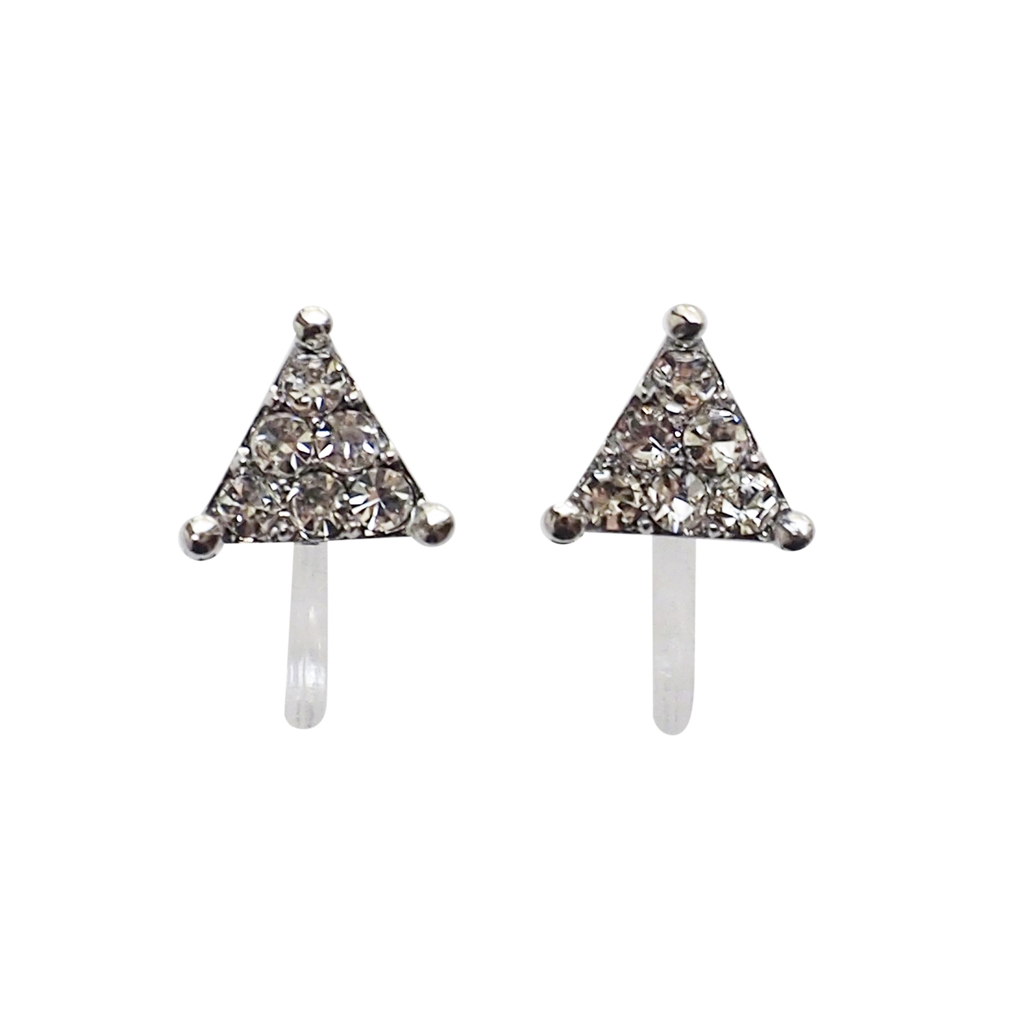 Silver Triangle Pave Rhinestone Invisible Clip On Stud Earrings - Miyabi Grace