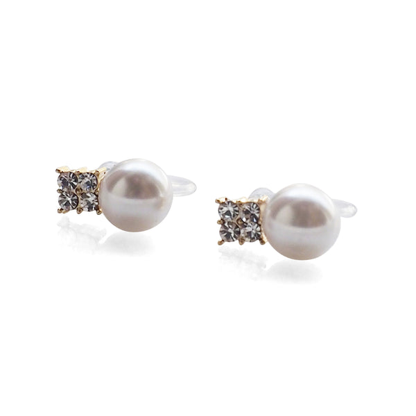 White Pearl and Rhinestone Invisible Clip On Stud Earrings (Gold tone) - Miyabi Grace