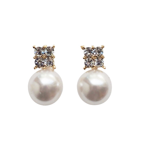 White Pearl and Rhinestone Invisible Clip On Stud Earrings (Gold tone) - Miyabi Grace