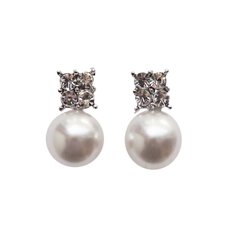 White Pearl and Rhinestone Invisible Clip On Stud Earrings (Silver tone) - Miyabi Grace