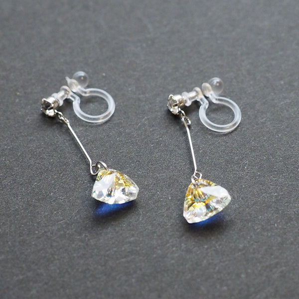 Dangle Aurora Borealis Triangle Swarovski Crystal Invisible Clip On Earrings (Silver tone) - Miyabi Grace