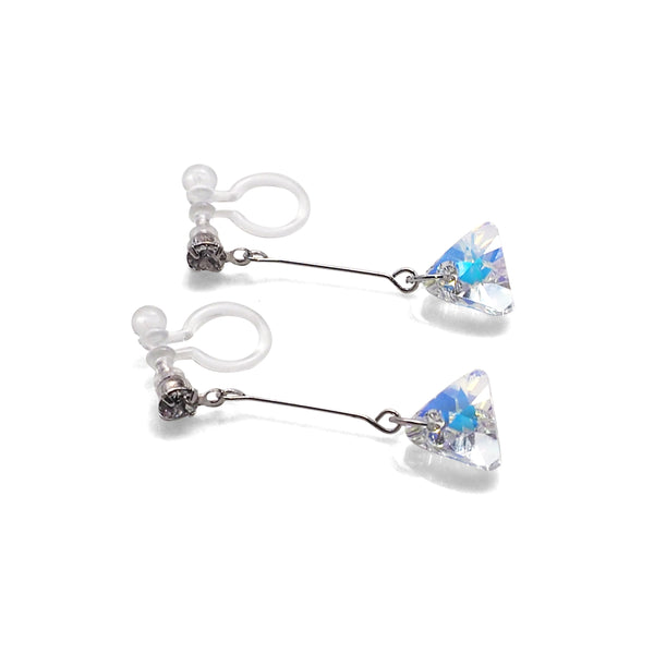 Dangle Aurora Borealis Triangle Swarovski Crystal Invisible Clip On Earrings (Silver tone) - Miyabi Grace