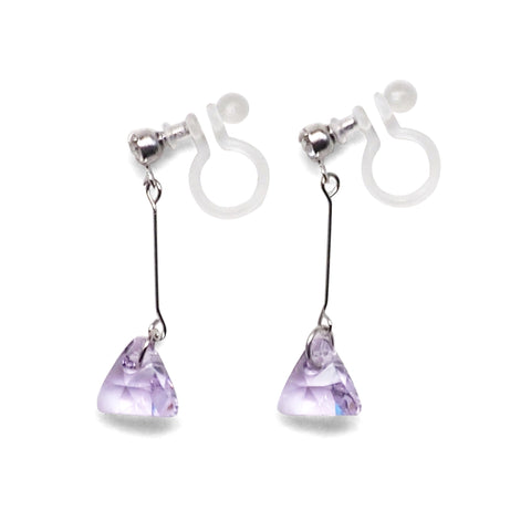 Dangle Violet Light Purple Triangle Swarovski Crystal Invisible Clip On Earrings (Silver tone) - Miyabi Grace