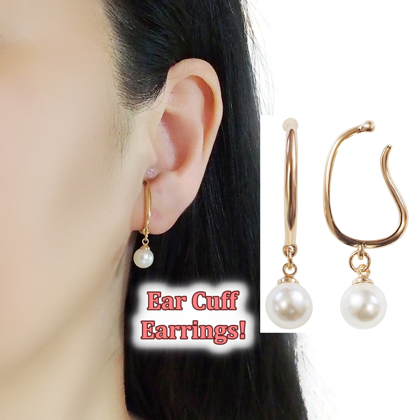 Dangle Gold White PearlEar Cuff Clip On Earrings