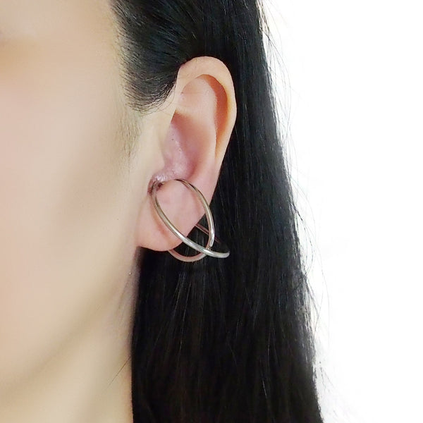 Silver Double Hoop Ear Cuff Clip On Earrings