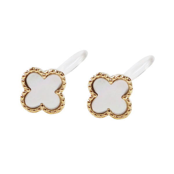 Gold Four Leaf Mother Of Pearl Invisible Clip On Stud Earrings