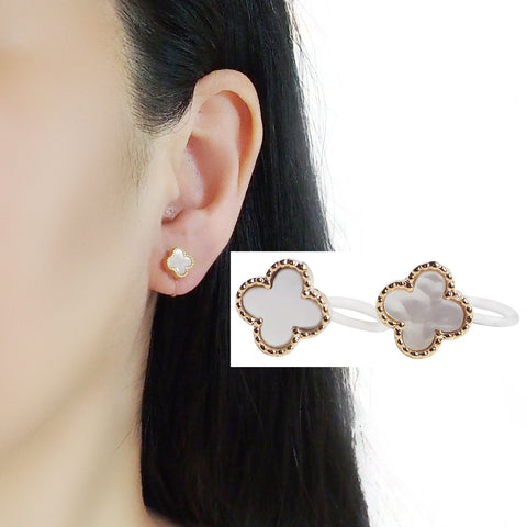 Gold Four Leaf Mother Of Pearl Invisible Clip On Stud Earrings