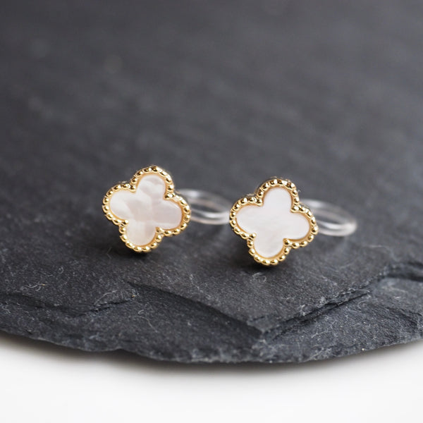 Gold Four Leaf Mother Of Pearl Invisible Clip On Stud Earrings