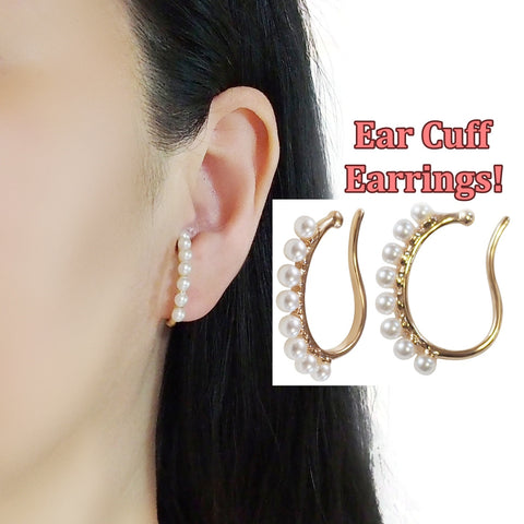 Gold Pearl Hoop Ear Cuff Clip On Earrings