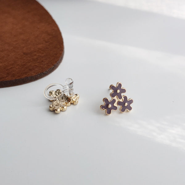 Light Purple Three Small Flowers Invisible Clip On Stud Earrings