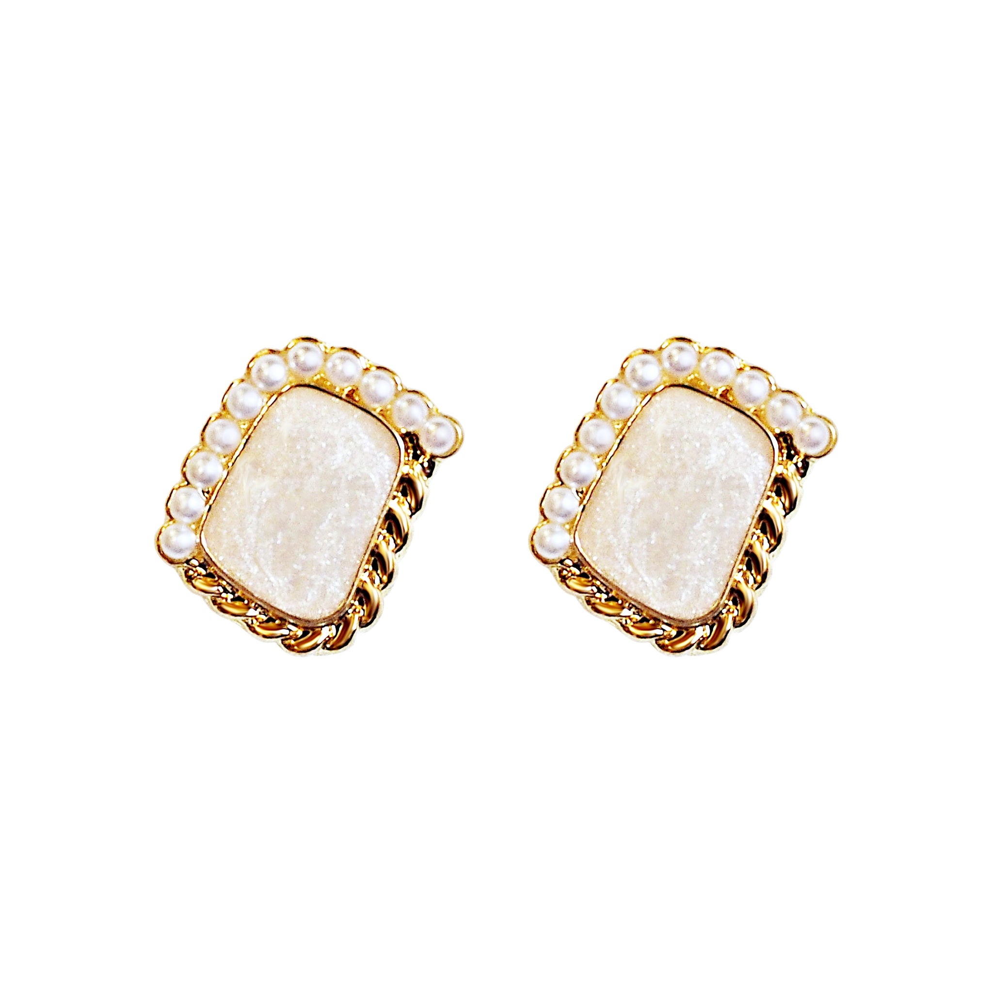 Organic Shaped Square White Pearl Crystal Rhinestone Invisible Clip On Stud Earrings