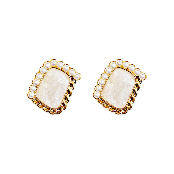 Organic Shaped Square White Pearl Crystal Rhinestone Invisible Clip On Stud Earrings