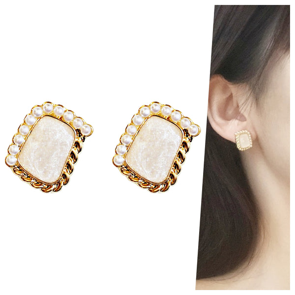 Organic Shaped Square White Pearl Crystal Rhinestone Invisible Clip On Stud Earrings