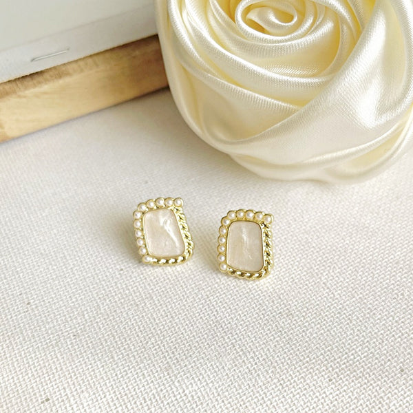 Organic Shaped Square White Pearl Crystal Rhinestone Invisible Clip On Stud Earrings