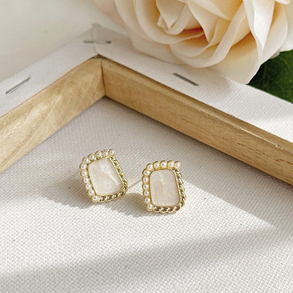 Organic Shaped Square White Pearl Crystal Rhinestone Invisible Clip On Stud Earrings