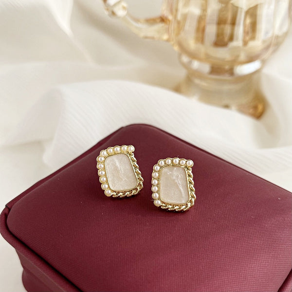 Organic Shaped Square White Pearl Crystal Rhinestone Invisible Clip On Stud Earrings