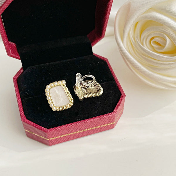 Organic Shaped Square White Pearl Crystal Rhinestone Invisible Clip On Stud Earrings