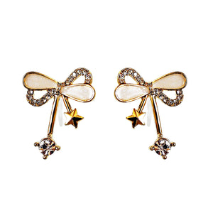 Ribbon Shaped Beige Crystal Rhinestone Bow Tie Invisible Clip On Stud Earrings