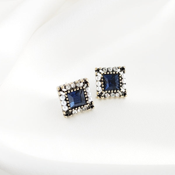 Square Navy Blue Crystal Rhinestone Vinage Style Pearl Invisible Clip On Stud Earrings