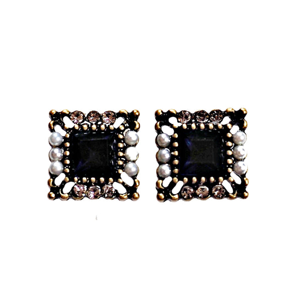 Square Navy Blue Crystal Rhinestone Vinage Style Pearl Invisible Clip On Stud Earrings