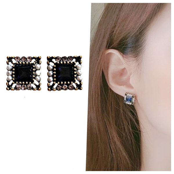 Square Navy Blue Crystal Rhinestone Vinage Style Pearl Invisible Clip On Stud Earrings