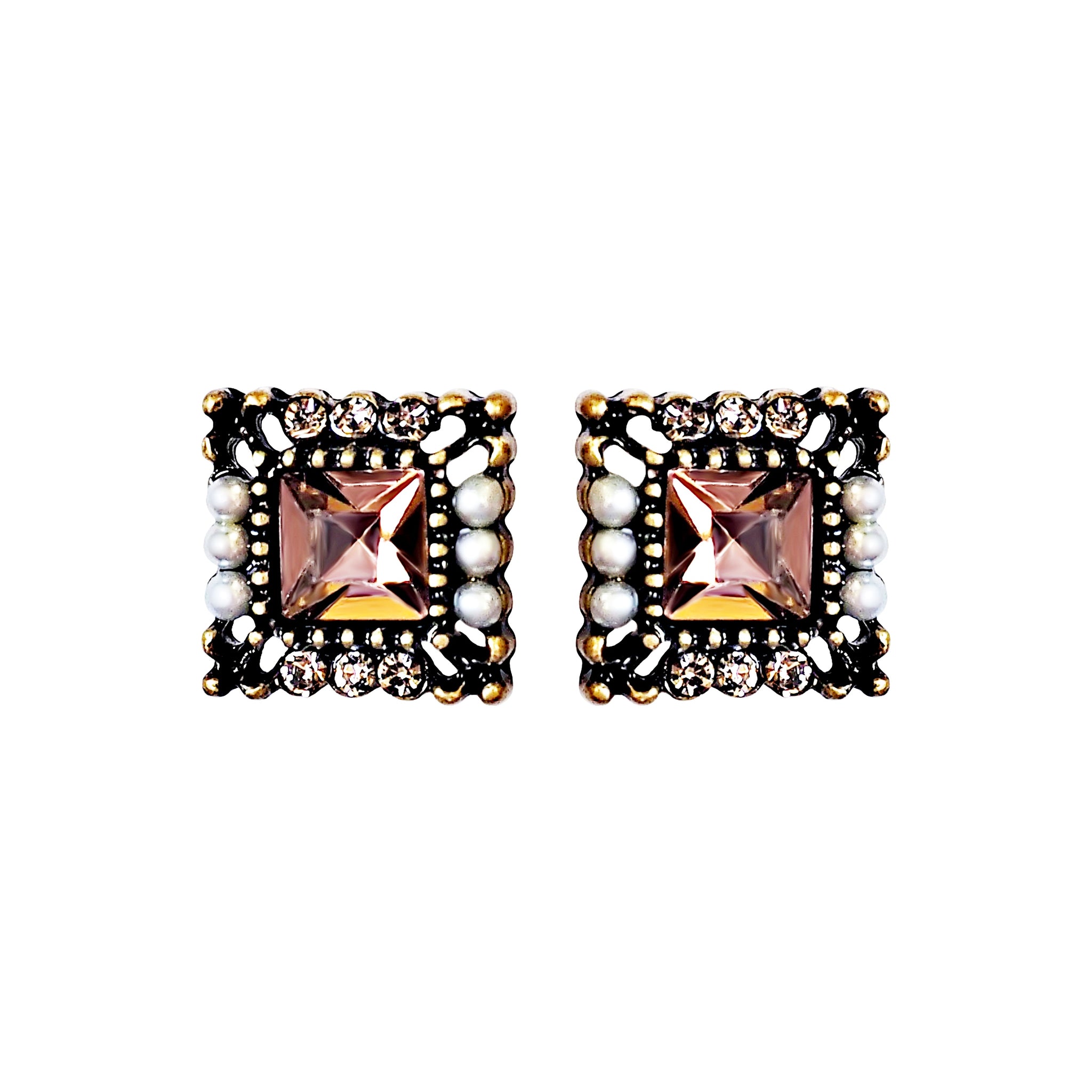 Square Pink Crystal Rhinestone Vinage Style Pearl Invisible Clip On Stud Earrings