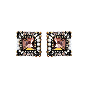 Square Pink Crystal Rhinestone Vinage Style Pearl Invisible Clip On Stud Earrings