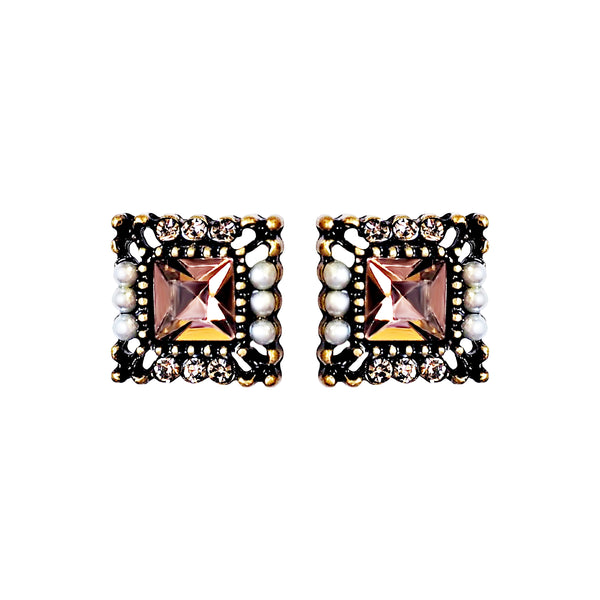 Square Pink Crystal Rhinestone Vinage Style Pearl Invisible Clip On Stud Earrings